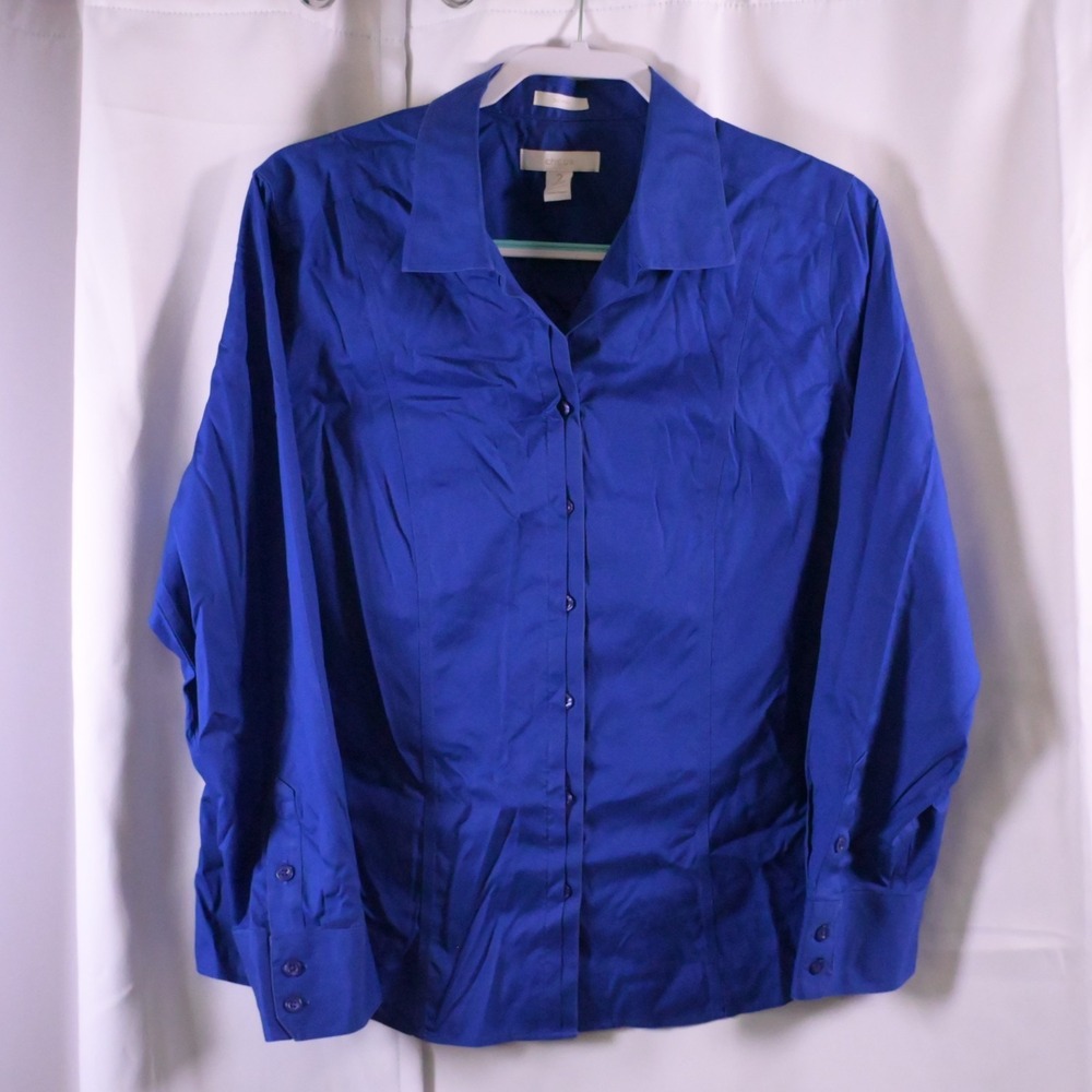 Chico's Blue Cotton No Iron V-Neck Button-Up Blouse Women's 2 (US 12)